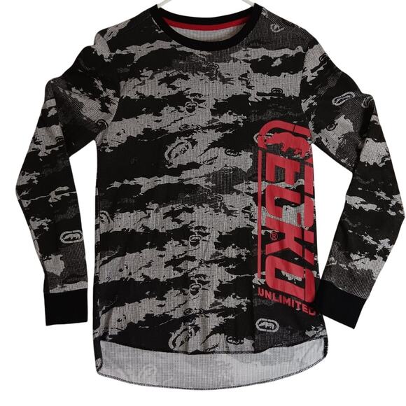 Ecko Unltd. Thermal Knit Shirt Mens S Black Gray Camo Hi Low Spell Out - Picture 1 of 14